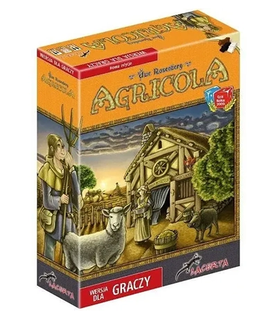 Doos van het bordspel "Agricola" met een boerderijtafereel, inclusief een schuur, dieren en een boer met een hooivork. De warme kleuren suggereren een landelijk thema.