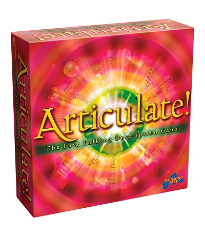 Felgekleurde doos van het spel "Articulate!" met gele letters en een dynamische, wervelende roze en oranje achtergrond, die snelle, leuke actie suggereert.