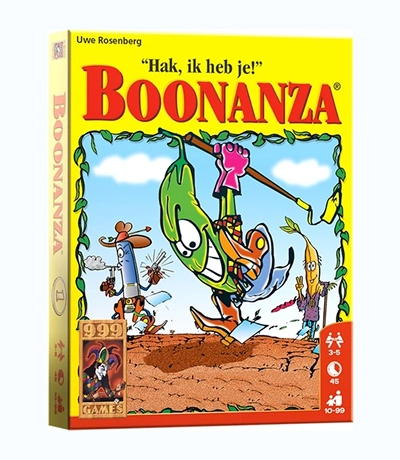 De cover van het spel "Boonanza" toont een cartoonfiguur van een boon die bonen oogst met een werktuig. Heldere kleuren en speelse illustraties zorgen voor een vrolijke en fantasierijke sfeer.
