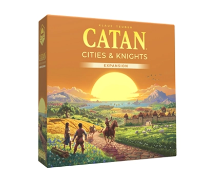 De doosomslag van de uitbreiding "Catan: Steden & Ridders", met een levendig landschap bij zonsondergang, ridders, dorpelingen en een middeleeuwse stad.