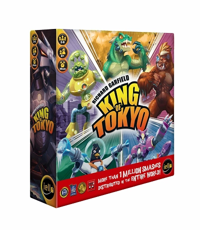 Doosomslag van het bordspel "King of Tokyo" met kleurrijke monsters, waaronder een hagedis, een robot en een gorilla. De tekst benadrukt de wereldwijde populariteit.