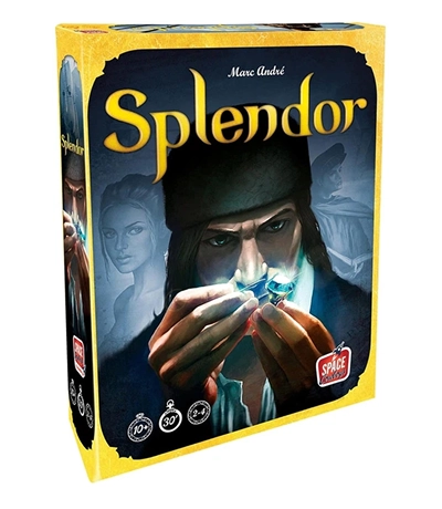 De doosomslag van het bordspel "Splendor" toont een peinzende man die een edelsteen bekijkt. Op de achtergrond zijn vage afbeeldingen van mensen te zien en staat de speltitel in grote, vetgedrukte letters.