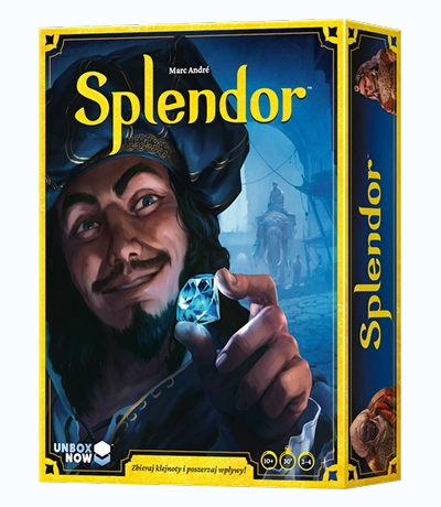 De doosomslag van het bordspel "Splendor" toont een illustratie van een man met een hoed die een glimmende edelsteen vasthoudt en een raadselachtige glimlach heeft, tegen een blauwgetinte achtergrond.